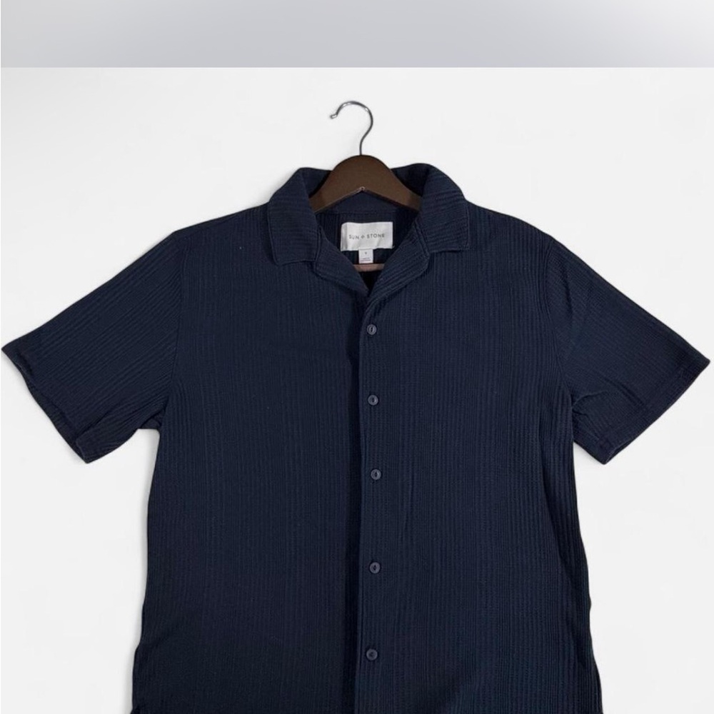 Sun + Stone Dark Blue Casual Ribbed Knitted Button Down Shirt